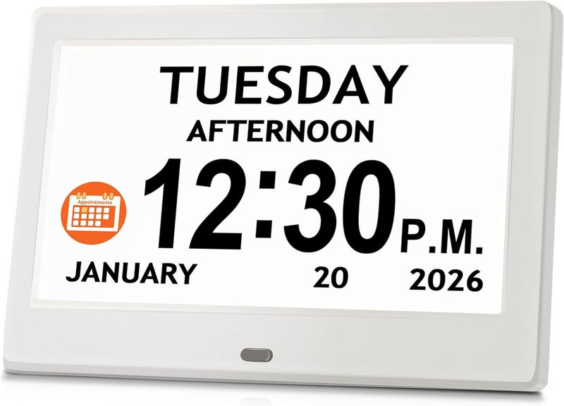 Pastigio 7'' Digital Clock, Dementia Clock With Date And Time, 10 Reminders, 6 Alarms, Auto-Dimming, Auto DST, Remote Control, Large Display Alarm Clock For Seniors, Gifts For People With Dementia, White - Image 1